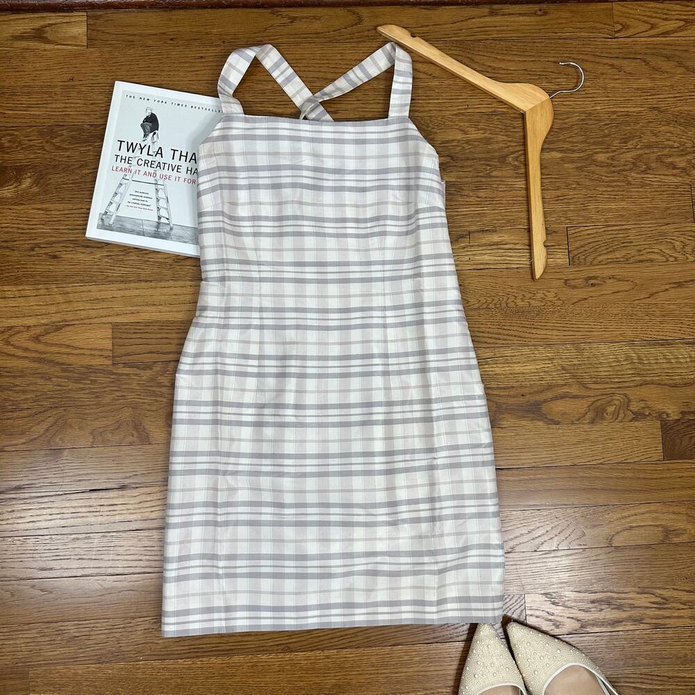 Vintage LOFT Cream Gray & Peach Check Pattern Square Neck Sheath Dress